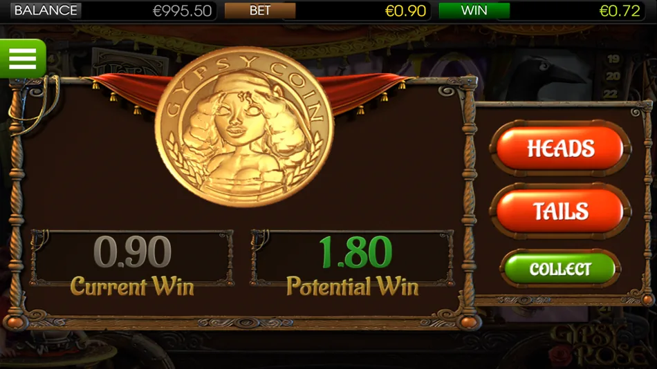 Double Up gamble screen showing a coin flip choice and the current win amount
